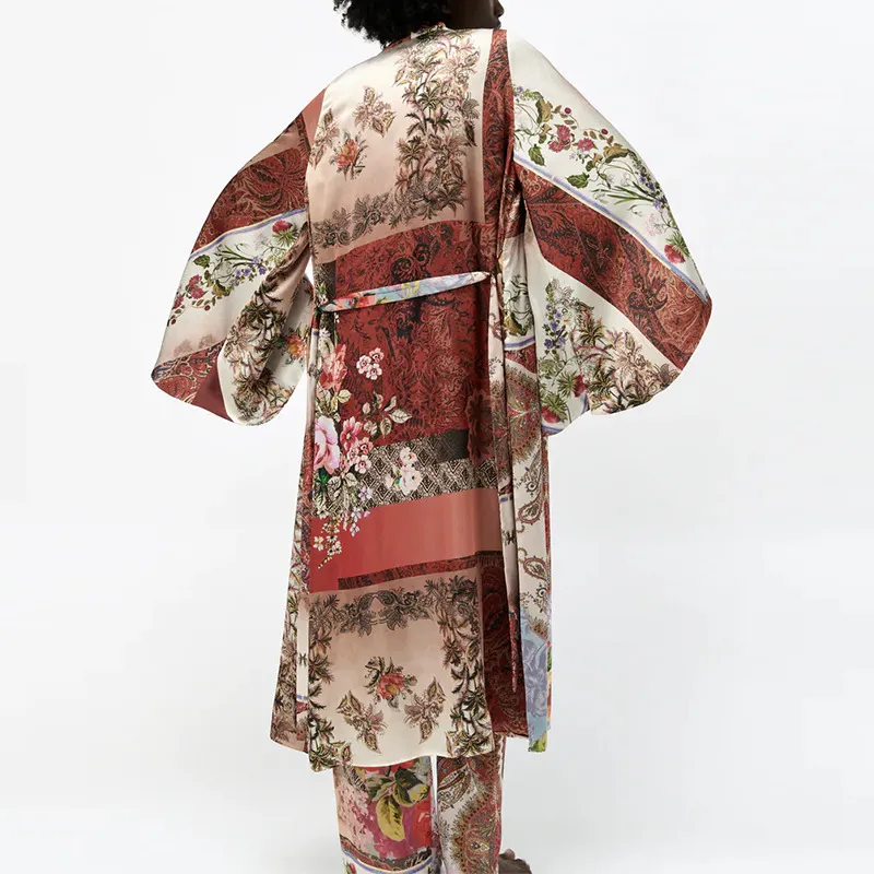TRAF ZA Women Kimono Shirts +Trousers Suit Belt Summer Full Printed X-Long Blouse Set Female Pants Casual Clothes 220226