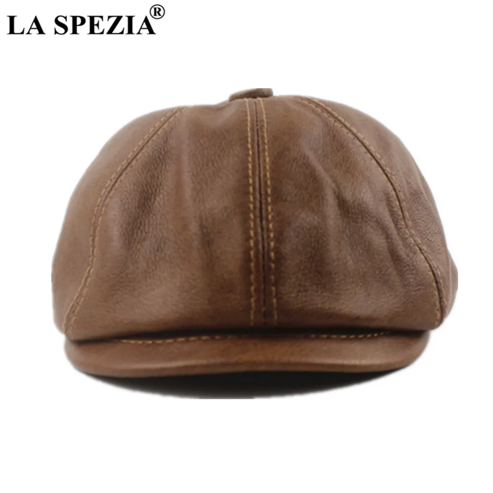 LA SPEZIA Khaki Men's Newsboy Gap Genuine Cowskin Leather Octagonal Cap Male Beret Autumn Winter Men Vintage Duckbill Hats 20206j