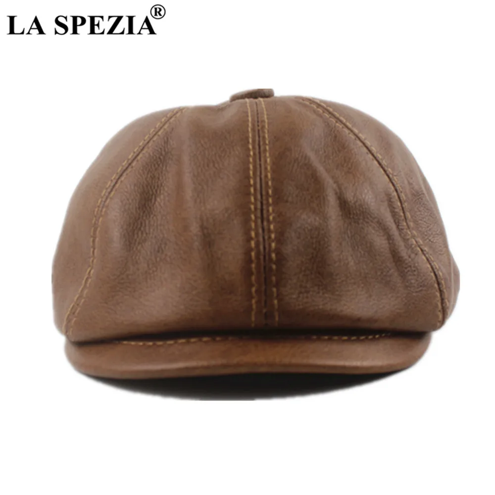 La Spezia Khaki Men's Newsboy Hap Genuine Cowskin Leather Cap Cap Male Beret Autumn Winter Men Vintage Duckbill Hats 20211u