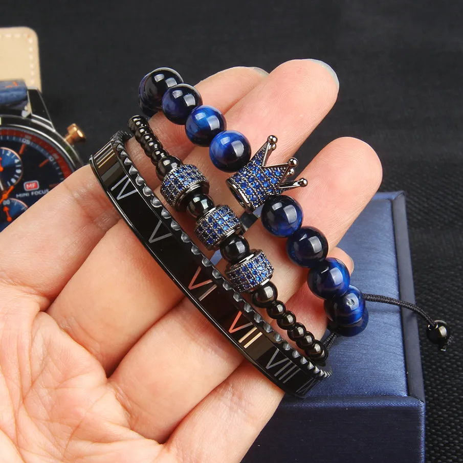 Fashion Set Crown Bangel Bracelet Men and Woman Leopard Braiding Brailet en acier inoxydable Bleu Blue CZ Jewelry223o