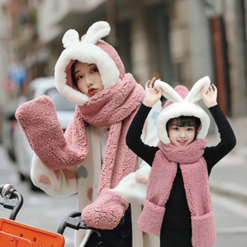 Winter Girl bib new onepiece hooded parentchild cute rabbit ears warm thick plush scarf gloves hat threepiece hat scarf gloves8915646
