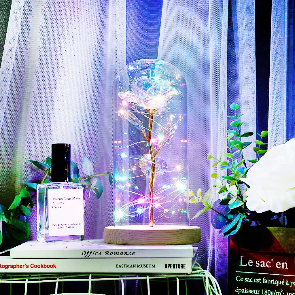 Enchanté pour toujours Rose Fleur Feuille d'Or Rose Fleur LED Lumière Fleurs Artificielles En Verre Dôme Décorations De Fête Cadeau Pour Les Filles Y12958