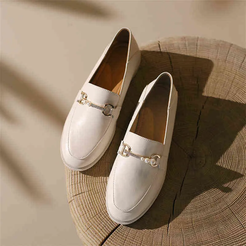 Chaussures plates en cuir véritable pour femmes, chaîne de perles, tête ronde, mode printemps et automne, couleur 220209