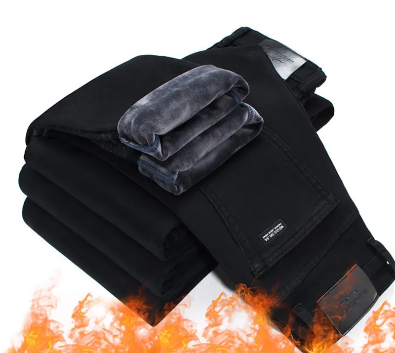 Calças de brim pretas Fleece para frio com elasticidade Thinker Quente Jeans de inverno Busines com ou sem veludo 2 jeans modelo 201111