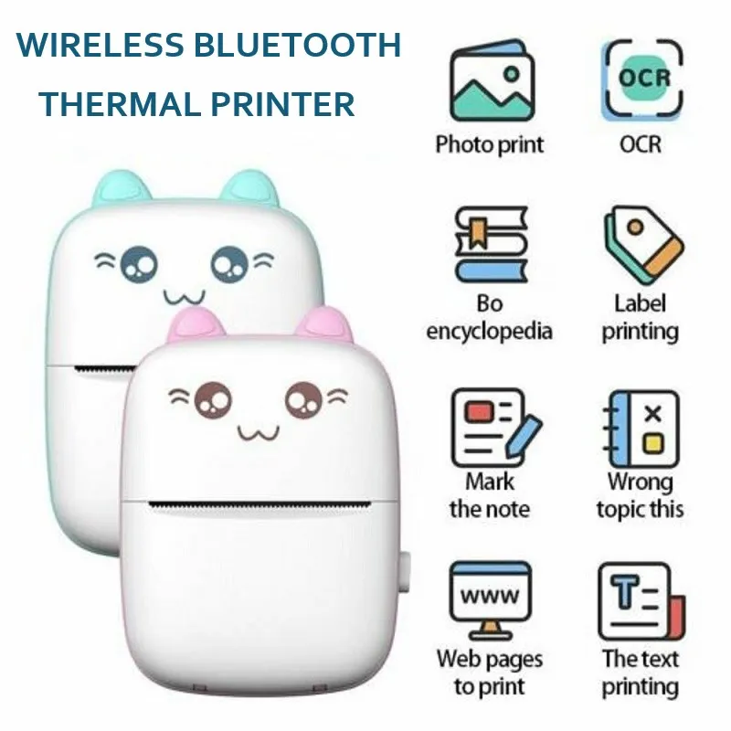 Mini imprimante thermique portable Bt Pocket Label Printer 57mm Imprimantes  200dpi Support Photo Notes Erreurs Impression de texte (couleur: Bleu)