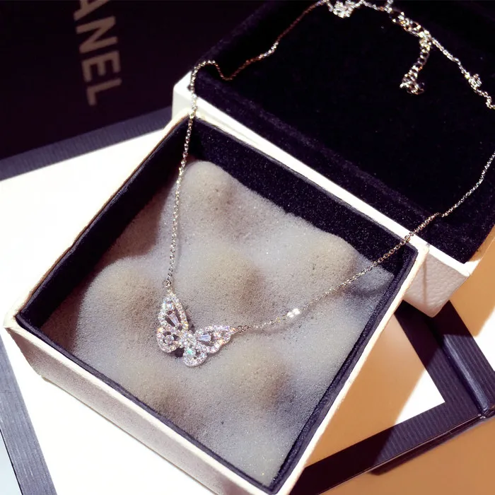 Sparkly Crystal Pendant Necklaces Butterfly Shape Sterling Silver Cute Unique Necklaces for women Wedding Bridal308y