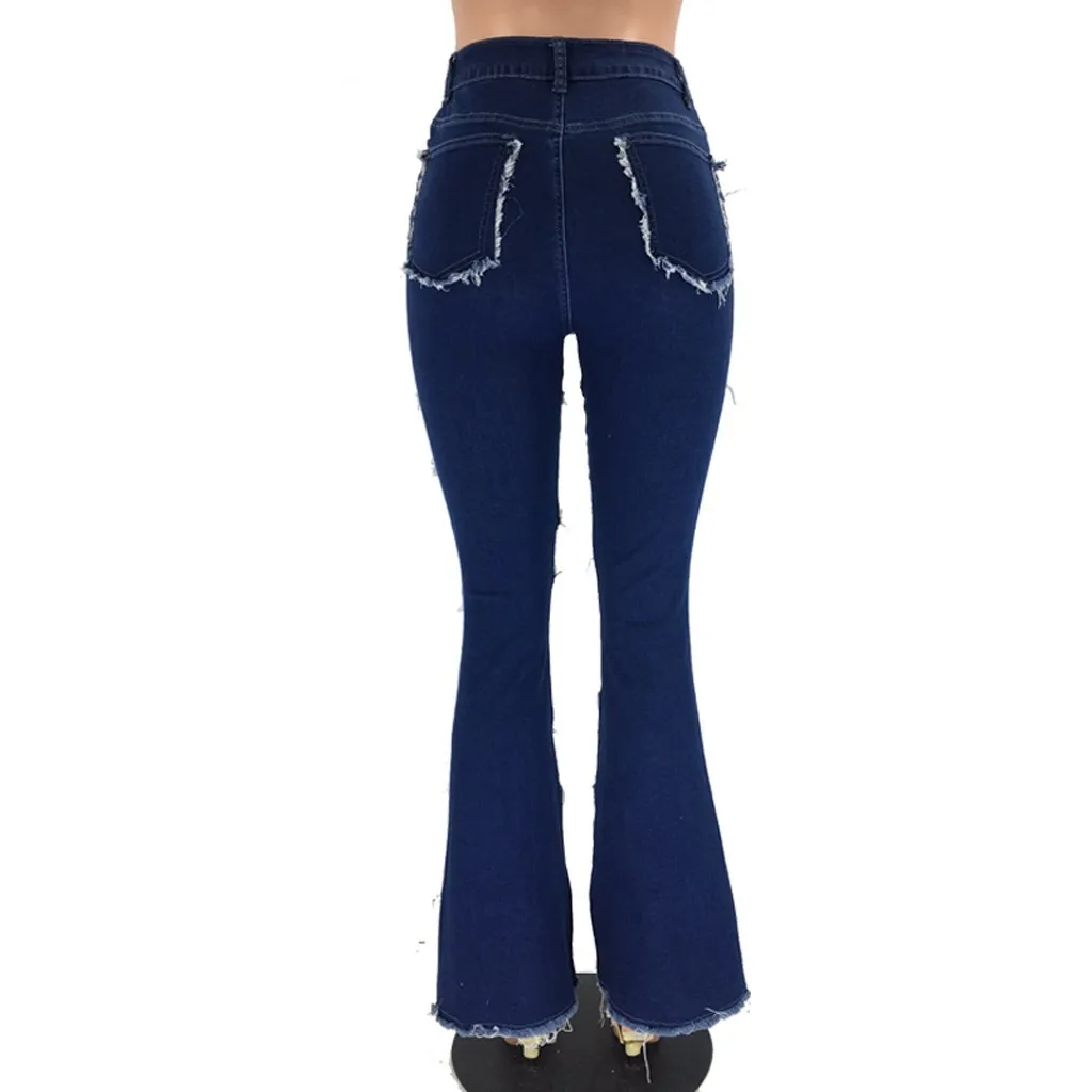 Bloc de couleur taille haute Flare Jeans avec poches Streetwear Sexy Ladies Pantalon Bell Bottoms Skinny Denim Jean Pantalon Legins 201223