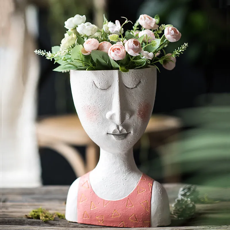 アートポートレートフラワーポット花瓶彫刻樹脂人間の顔ファミリープランターフラワーポットガーデンストレージフラワーアレンジメントホームデコアY238D