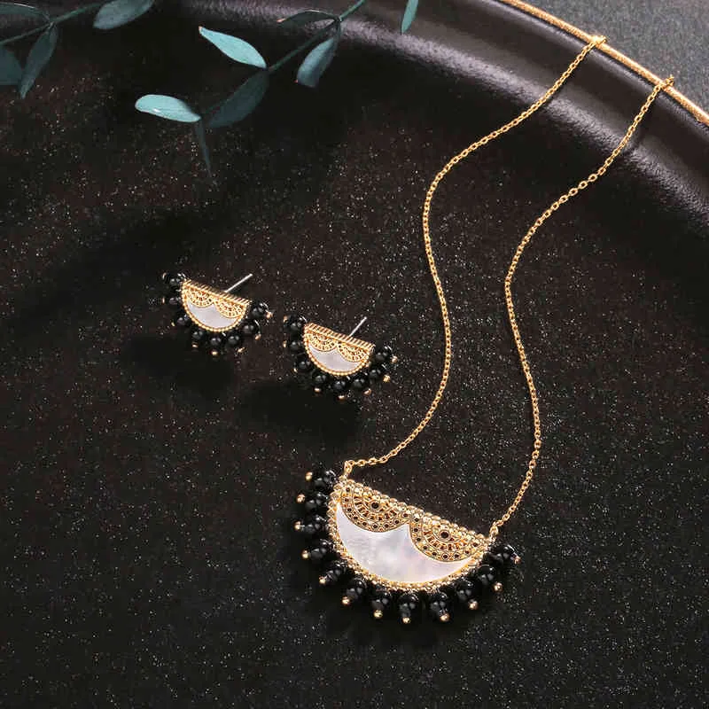 2021 Women Fashion Necklace & Earring Fan Shape Design Arabic Mask Style Gold Wedding Bride Luxury Jewelry Set