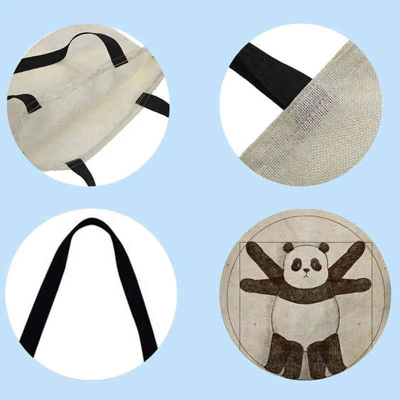 Nxy Shopping Bags Bolso De Mano Artstico Con Estampado Gato y Panda Para Mujer Bolsa Compras Viaje Gran Capacidad Lona Lino Playa 0209