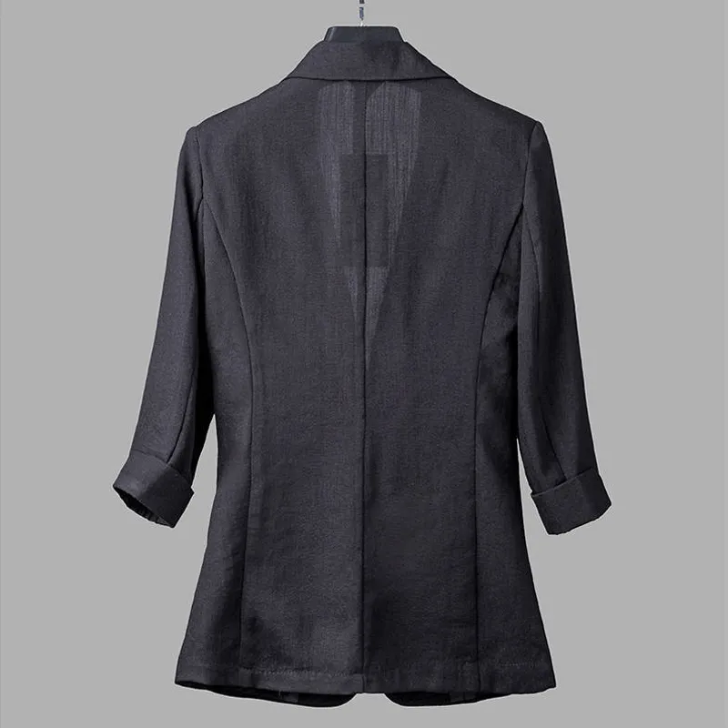 Aelegantmis Slim Fit Casual Travail Bureau Business Blazers Femmes Mode 3/4 Manches Veste d'été Lin Coton Blazers Blanc 201201