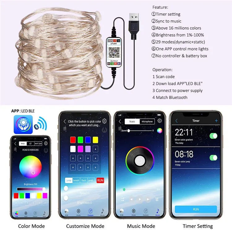USB LED String Light Bluetooth App Control Copper Wire String Lamp Waterproof Outdoor Fairy Lights For Christmas Tree Decoration309a