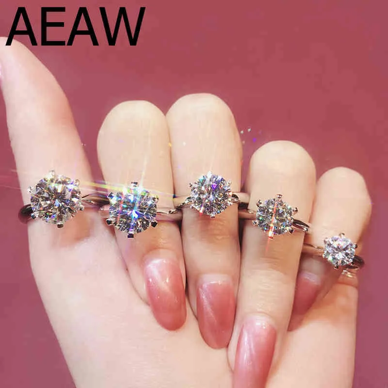 AEAW 1.0ct 3ct 5ct EF Rund 18K Vitguldpläterad 925 Silver Moissanite Ring Diamant Test Godkänd Smycken Kvinna Flickvän Present X220214