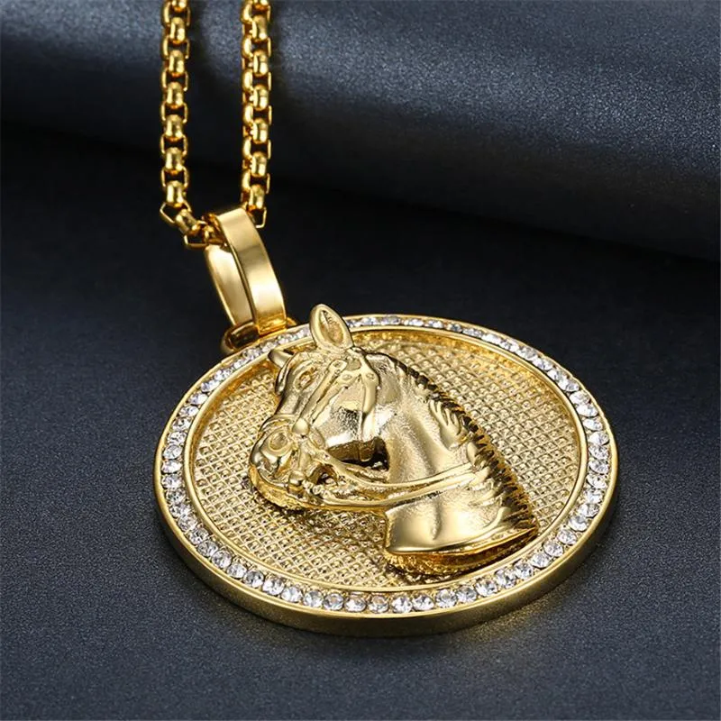 Jockey club pingente ouro cor aço inoxidável cabeça de cavalo colar masculino gelado strass hip hop unissex jóias1264c