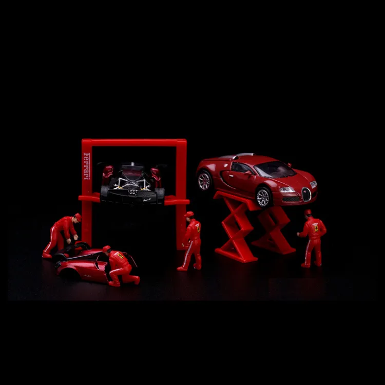 Miniatur 1:64 Modellauto Mini-Reparaturwerkstattwerkzeug Doppelsäulenhebebühne Verkehr Barrikaden Straßenschilder Anzeige Szene Spielzeug Set Kostenloser Versand LJ200930
