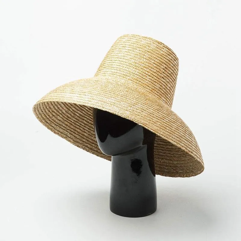 Nuevo-Popular Forma de lámpara Sol para mujeres Gran ala ancha Playa Alto Top Paja Protección UV Sombrero Y200602