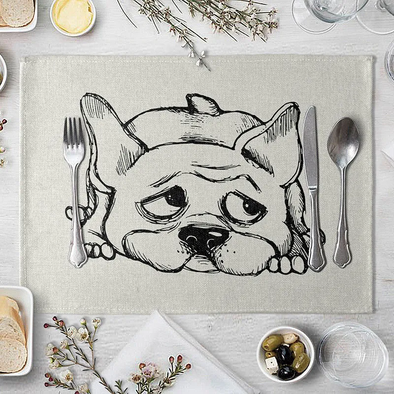 Funny Dog Pattern Set de table à manger Tapis de table Boissons Coasters Western Pad Lin Tapis de tasse 40 * 30 cm Accessoire de cuisine T200703