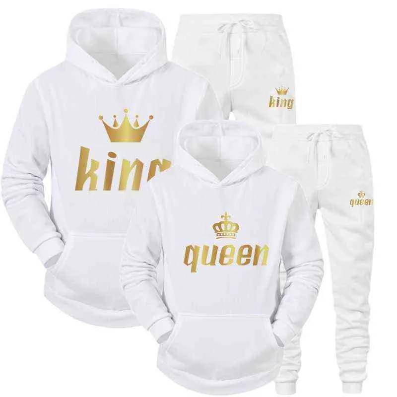 2021 Fashion Couple Sportwear Set KING o QUEEN Abiti con cappuccio stampati Set 2 pezzi Felpa con cappuccio e pantaloni S-4XL G1222