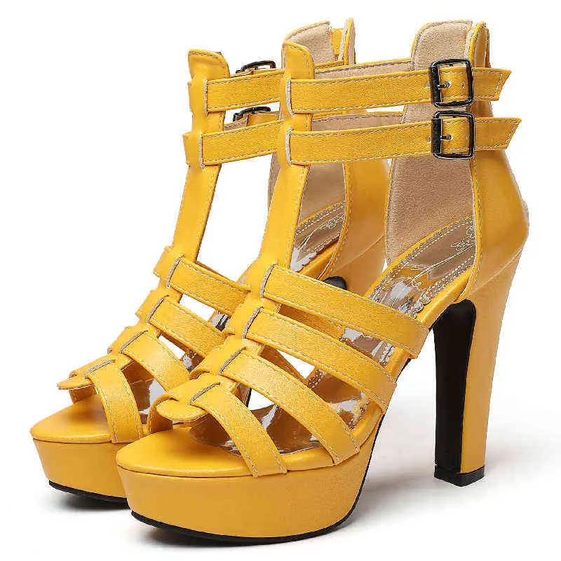 패션 peep 발가락 여름 여성 샌들 하이힐 플랫폼 발목 부츠 노란색 흰색 파란색 파티 신발 여성 220315