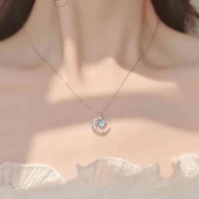 2021 New Blue Starry Sky Galaxy Octagonal Star Necklace Female Dream Falling Star Moon Hollowed Out Crescent Diamond Clavicle Chain