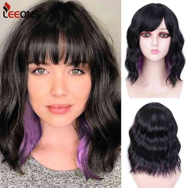 Hairpiece Leeons Short Black Wig Synthetic Wigs with Bangs for Women Purple Water Wave Natural Bob Heat Resistant False Hair Cosplay 0121