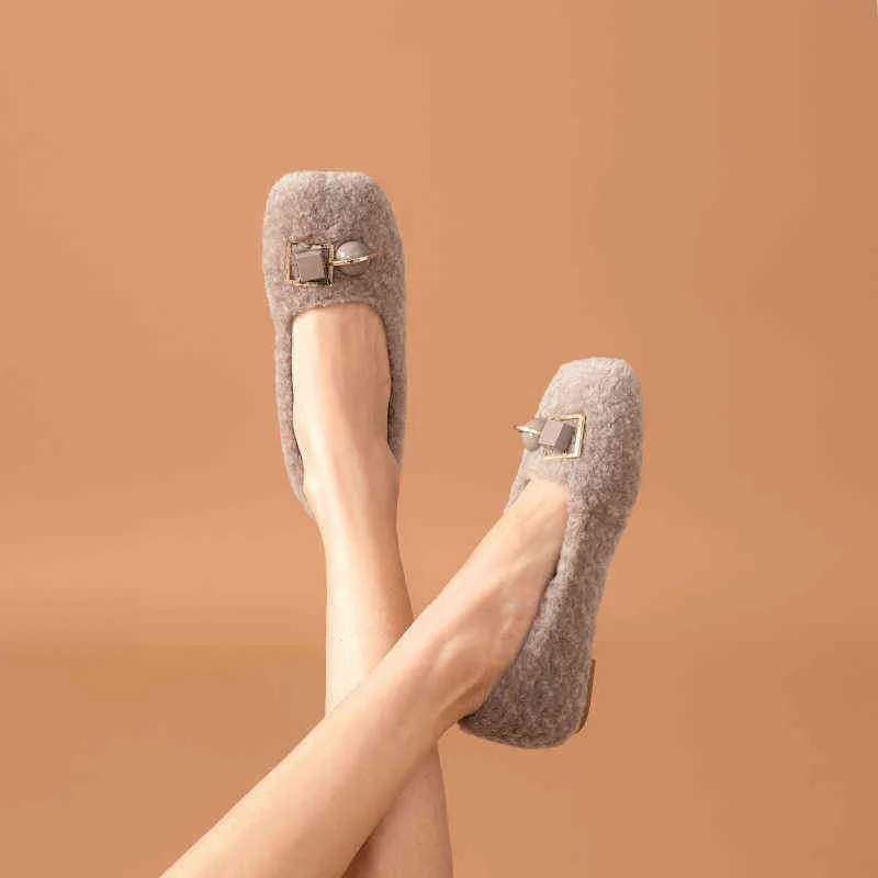 婦人革の靴スクエアヘッドウールニット甘いビーズの装飾暖かい色フラット2 9