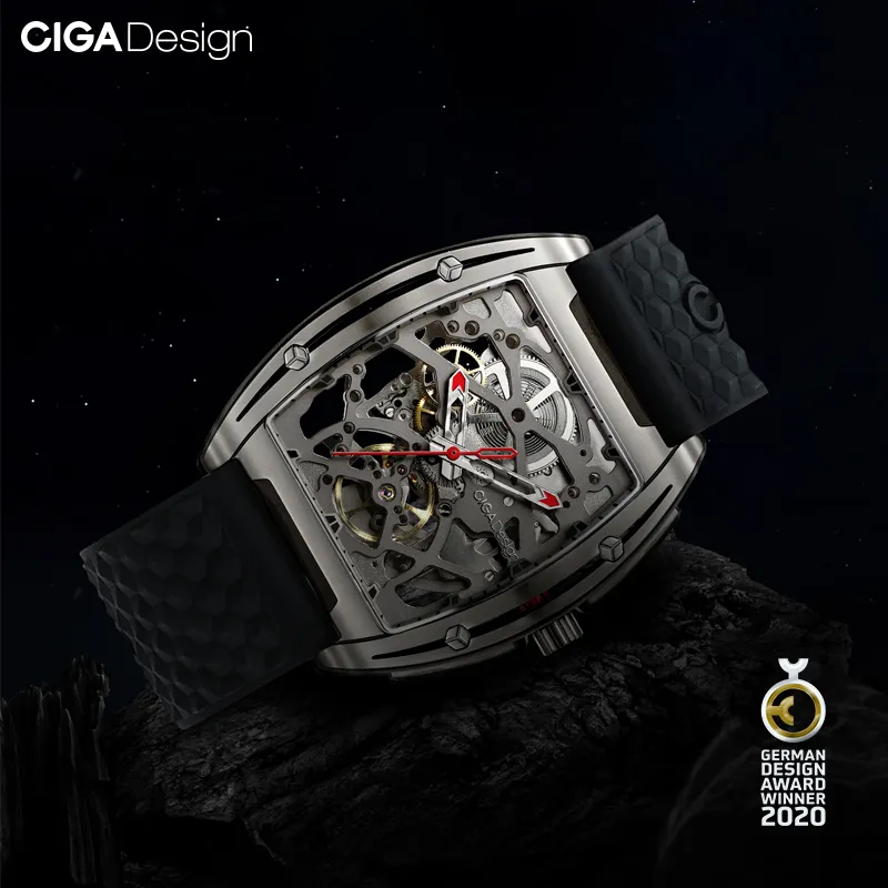 Ciga design z série titânio caso relógio de pulso mecânico automático pulseira de silicone com uma pulseira de couro para lj20307r