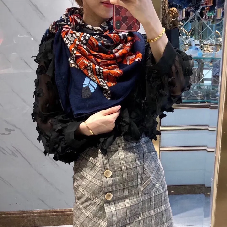 Шелковый и кашемировый шарф, изысканный дизайн с принтом, брендовые женские шарфы, модный шарф в подарок, 140, 140 см249b