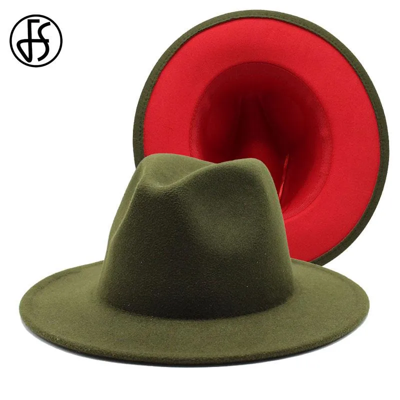FS 61 cm Gray Red Patchwork Wool Feel Jazz Fedora Hats for Women Unitex Wide Brim Phip Party Trilby Cowboy Cap Men Gentleman255h