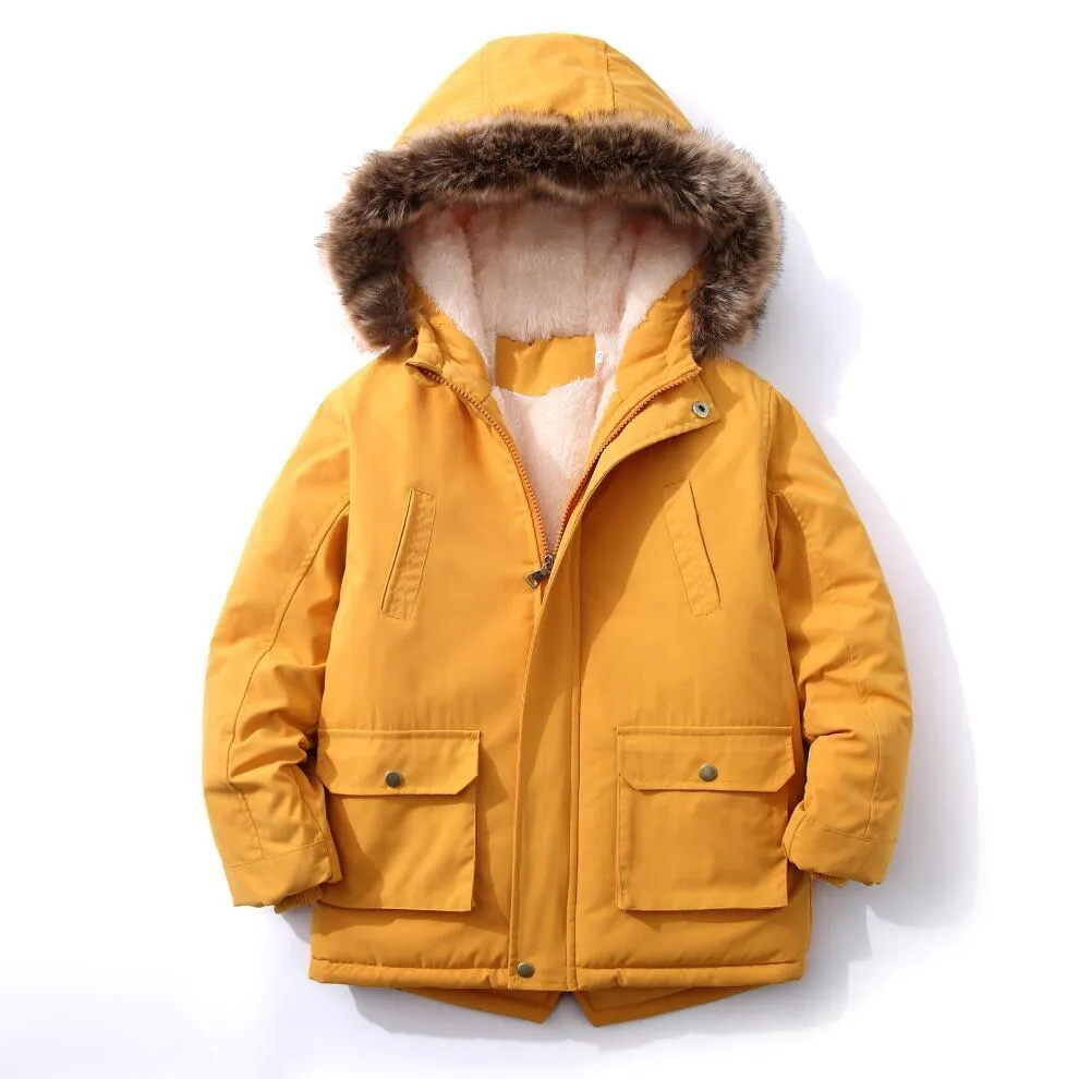 Novo bebê meninos jaqueta de inverno gola de lã moda crianças casacos com capuz quente outerwear pelúcia grosso algodão roupas 312 anos l2276236