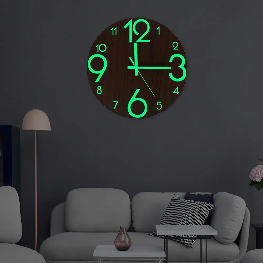 New Wooden Wall Clock Luminous Number Hanging Clocks Quiet Dark Glowing Wall Clocks Modern Watches Decoration for Living Room 201202