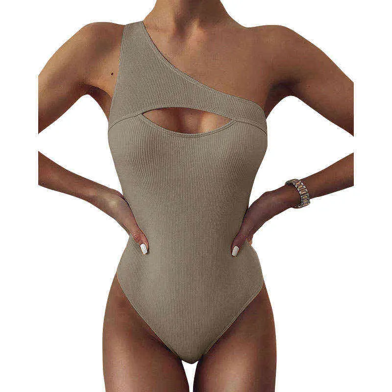 2022 Neue Außenhandel Europäische und amerikanische Sexy Bikini Einfarbig One-Shoulder-Badeanzug Frauen Bikini Spezielle Stoff Bodys Slim Fit 220106