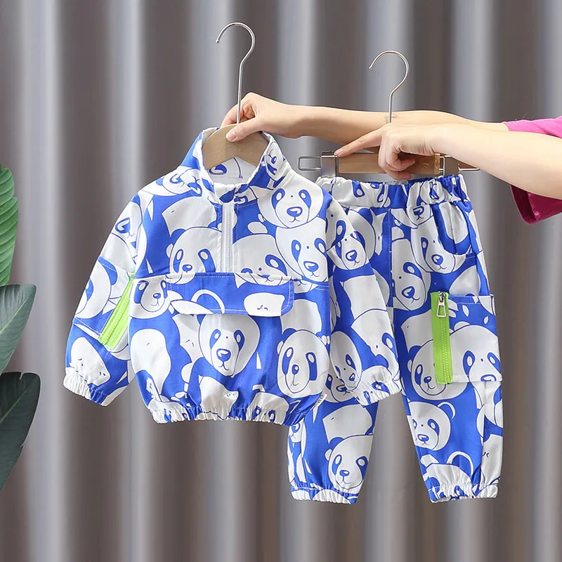 Toddler Boy Cute Panda Full Print Clothing Set Pocket Pullover Tops+ Pants Sets Kids Spring Autumn Causal Tracksuit 220218