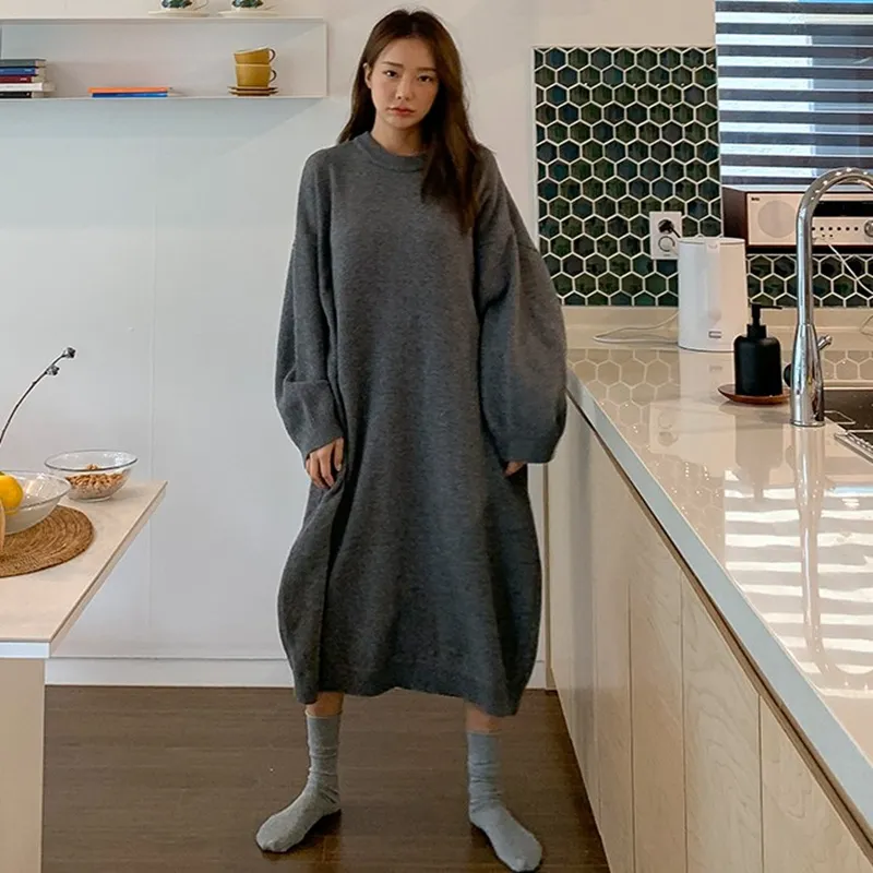 NEW Autumn Sweater Women Dress Winter Long sleeve Sweater Knitted Dresses Long loose Maxi Oversize Dresses Knitting Robe Vestido 210203