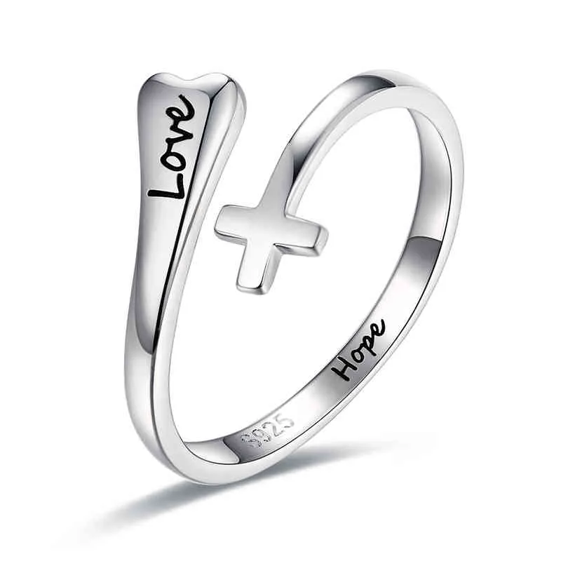 925-Sterling-Silver قابل للتعديل عبر الأمل الحب الإبهام خواتم المسيحي المباركة القلب مجوهرات للنساء الرجال في سن المراهقة الفتيات