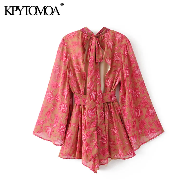 KPYTOMOA Frauen Boho Fashion Floral Print Fliege Schärpen Playsuits Vintage Flare Hülse Backless Strand Weibliche Kurze Overalls T200704