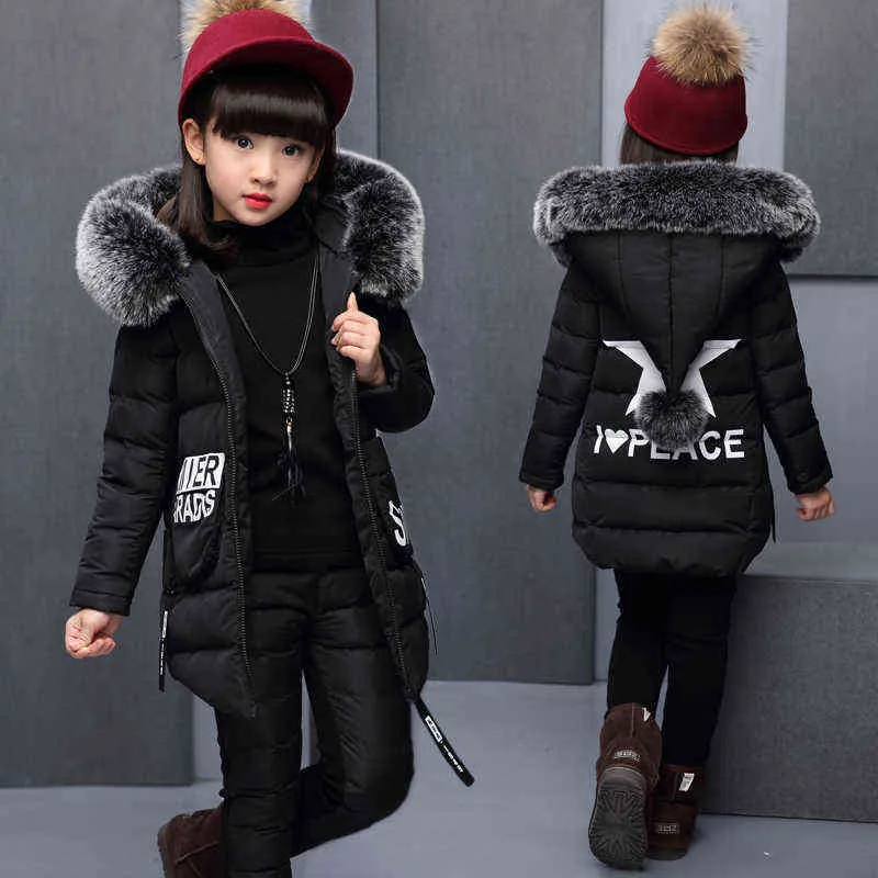 Girl winter set jacket Clothing for Russia Winter Hooded Warm Vest Jacket+Warm Top Cotton Pants Coat with Fur Hood 211222