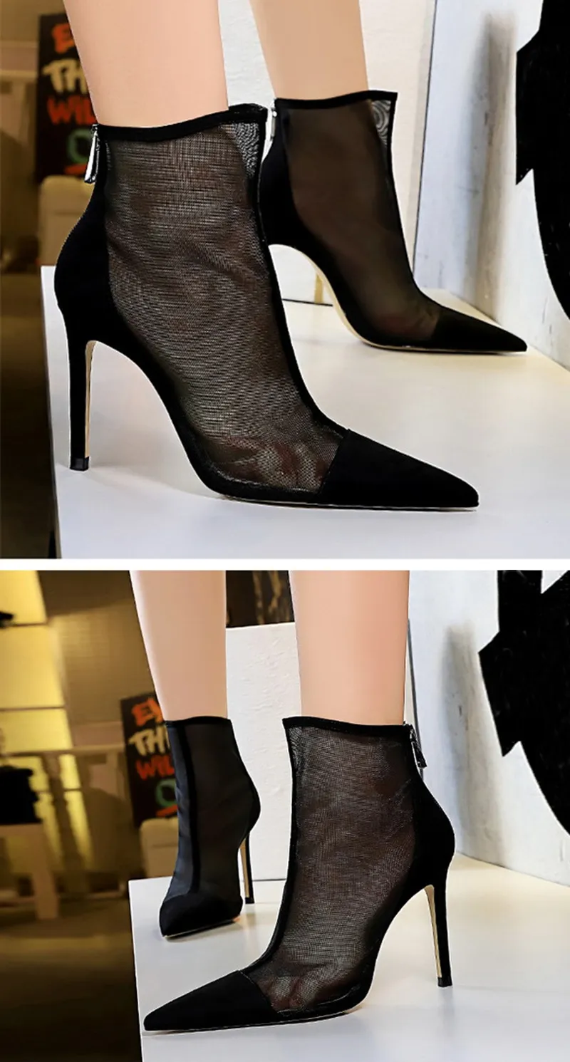 Botas de tornozelo de malha sexy para mulheres pontas apontadas de pé stiletto saltos moda festa festa sapatos tamanho 34-40 primavera outono novo