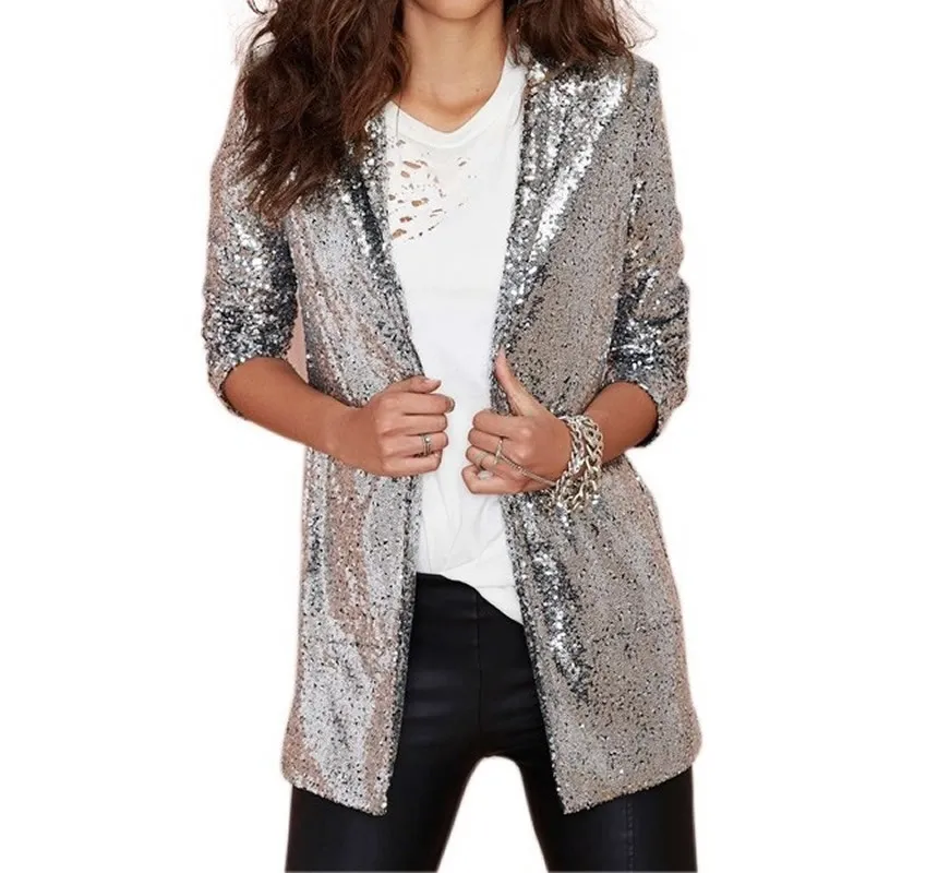 Chic Paillettes Femmes Blazer Or Argent Vestes Hiver Automne Cardigan Femme Rétro Ol Costumes Manteau Feminino Blazers Survêtement 201201