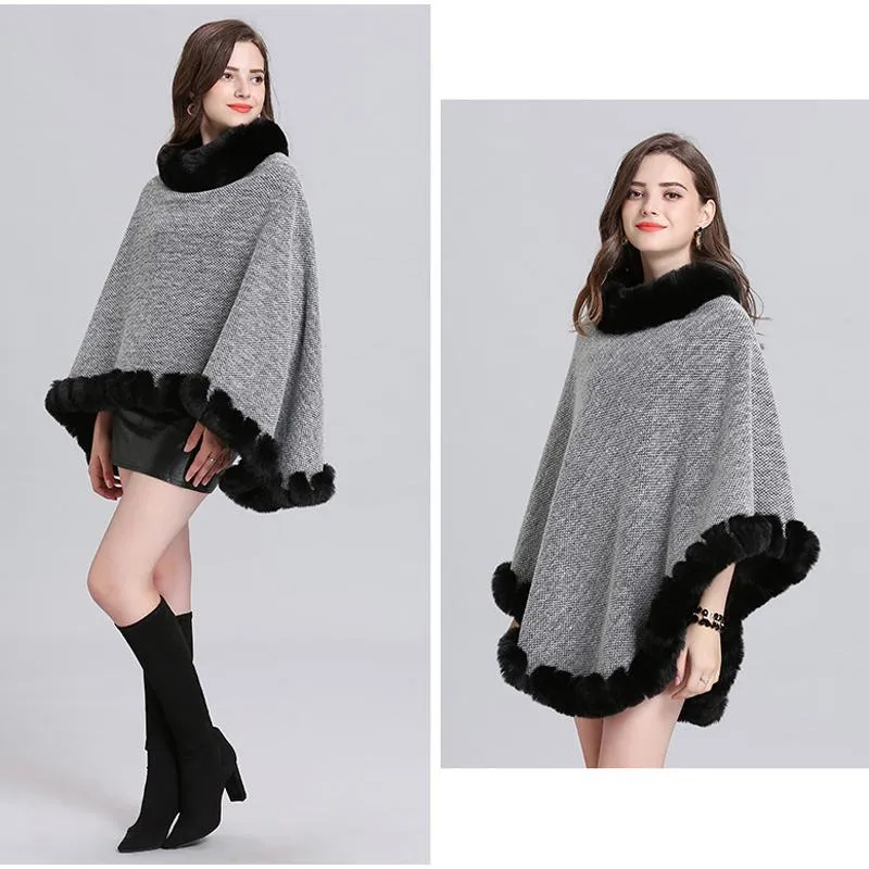 Scarves Elegant Retro Handwork Fur Knit Poncho Thick Cashmere Cape Full Trims Faux Rex Shawl Pullover Coat Women Winter Wraps213q