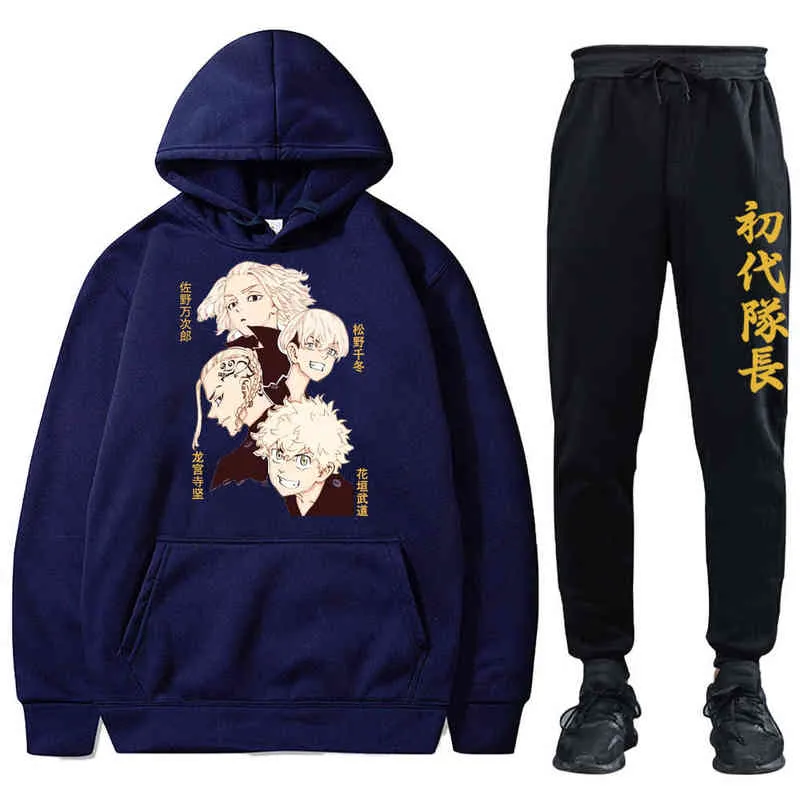 Anime Tokyo Revengers Tracksuit Men's Hoodie and SweatpantsTwo Piece Winter Fleece Jogger Sports Suit H1227