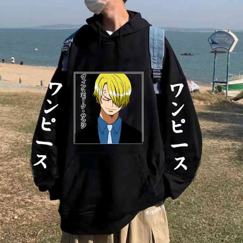 Anime One Piece Hoodie Heren Harajuku Pullover Vinsmoke Sanji Sweatshirts Lange Mouw Losse Streetwear Hoodie Tops H1227
