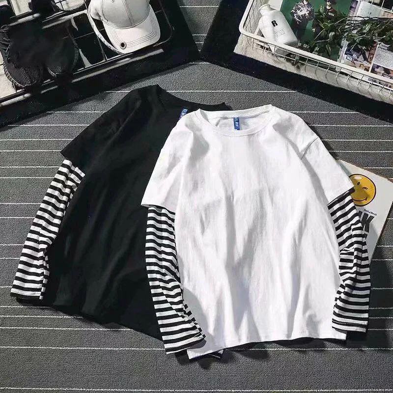 Korean Harajuku Black White Striped Hip Hop T-shirts Men Women Autumn Long Sleeve Fake Two-piece T Shirt Solid Clothes Tshirt 220214