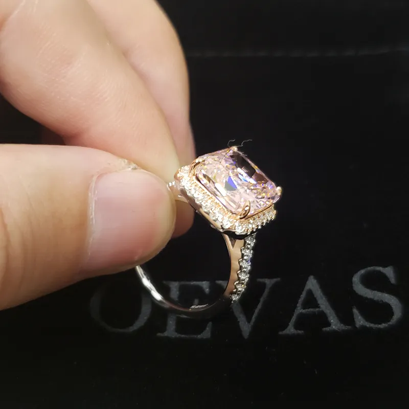 Ovas 100% 925 Sterling Silver Sparkling 10 * 11mm rosa alto diamante de carbono anéis de casamento para mulheres festa fina jóias por atacado J0112