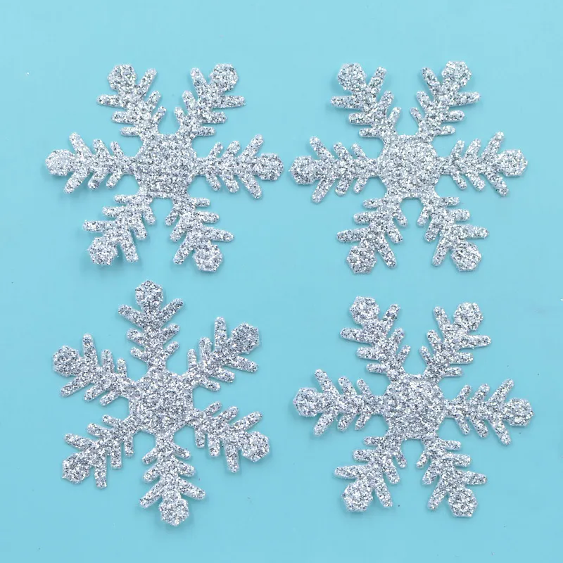 Partihandel 4cm Glitter Silver Fabric Snowflake Applique för DIY Julfest Hantverk Träd Tillbehör Decor Patches S88 201127