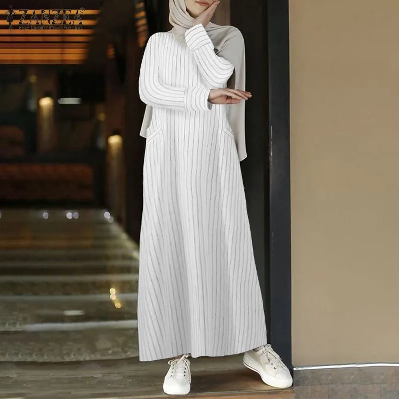 Plus Size Muslim Robe Dress Women Long Sleeve Striped Sundress ZANZEA Autumn Cotton Linen Dress Kaftan Vestido Femme Baggy 5XL Y0118