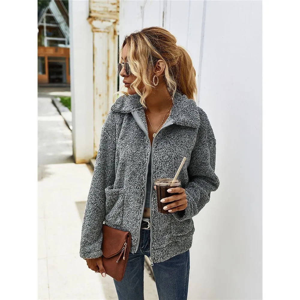 Kvinnor Winter Sherpa Sweater Blend Fleece Fluffy Zipper Cardigan Ladies Autumn Streetwear Lapel Zipper Jacket Teddy Sweaters 201225