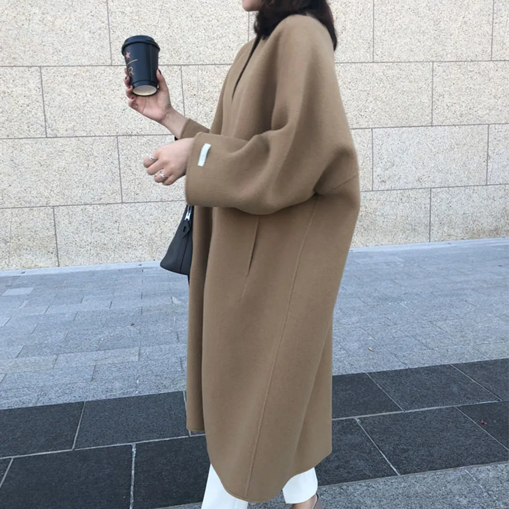 Minimalista coreano abrigo largo de gran tamaño mujeres otoño invierno mezcla de lana abrigo streetwear elegante chaqueta de lana femenina abrigo 201221