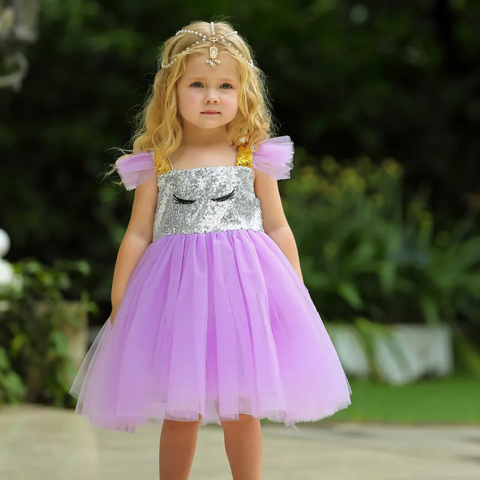 2 3 4 5 Cute Baby Girl Abiti estivi Moda Unicorno Tutu Dress Bambino Viola Rosa Blu Paillettes Kids Party Abiti Frock LJ200923