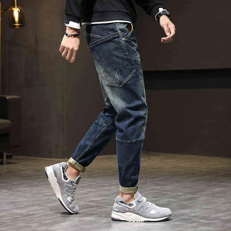 Herren Jeans Haremshose Mode Taschen Desinger Lockere Passform Baggy Moto Jeans Männer Stretch Retro Streetwear Entspannte Tapered Jeans 42 G0104